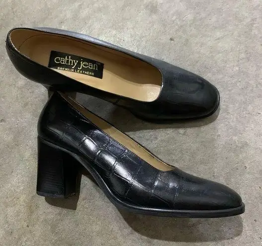 Cathy Jean  Black Leather Chunky Heel Pumps SZ 7.5