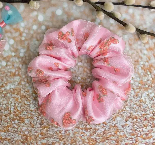 Pink Strawberry Filled Scrunchie Shaker Scrunchie Organza Satin Scrunchie