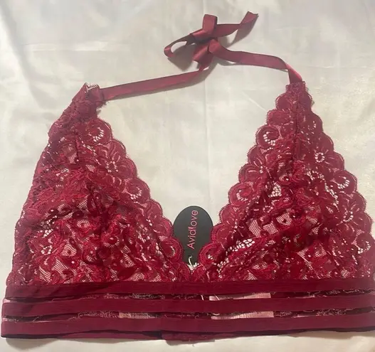 Andree Red Lace Halter Bra with Plunging Neckline Size M