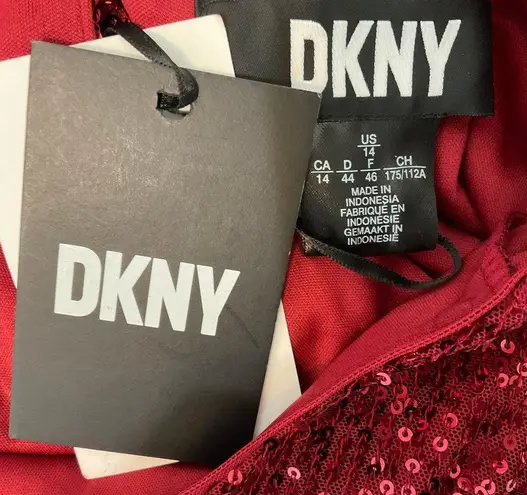 DKNY Women's Cocktail Dress Size 14 Red Sequined Short Sleeve Shift