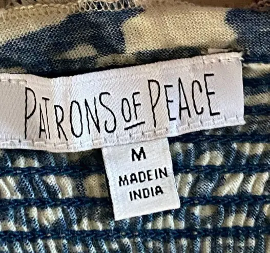 Patrons of Peace blue and ecru tropical style smocked crop top. Size Medium. EUC