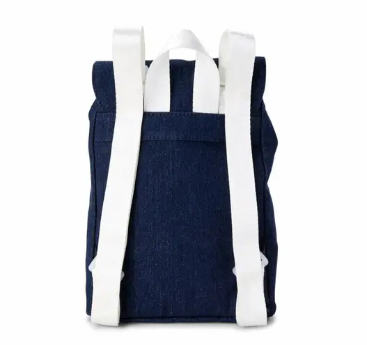 Mini Blue denim bag pack backpack white straps drawstrings and front pockets