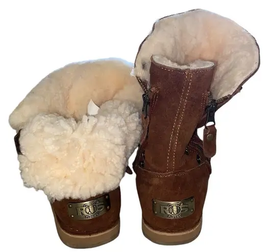 RJ’s Fuzzies Brown Trixie suede Leather Boots Sheepskin Lined Side side zipper Size 8 - Image 1