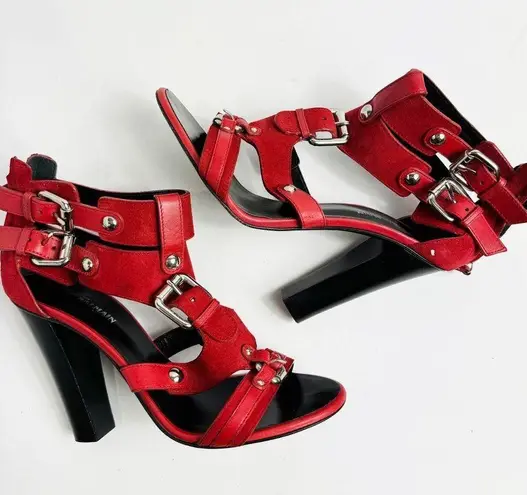 Balmain Giuseppe Zanotti For Red Suede Buckle Strappy Sandals Size 38