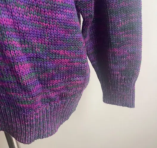 Vintage 90s Ann Wi Sweater Purple Green Embellish Boucle Bow Fringe Beads Large