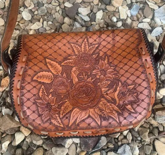 Vintage hand tooled leather turn lock purse
