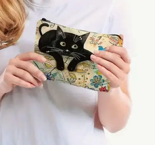 Whimsical Chic Cat Canvas Makeup Bag Spacious Pouch Black