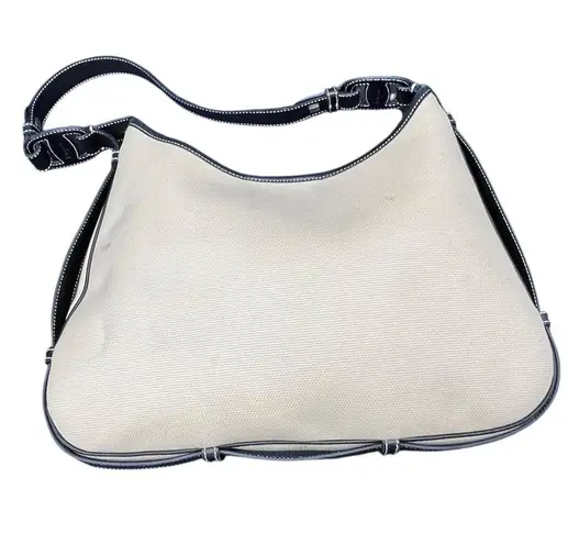 Salvatore Ferragamo Ivory Canvas Black Leather Shoulder Bag Vintage