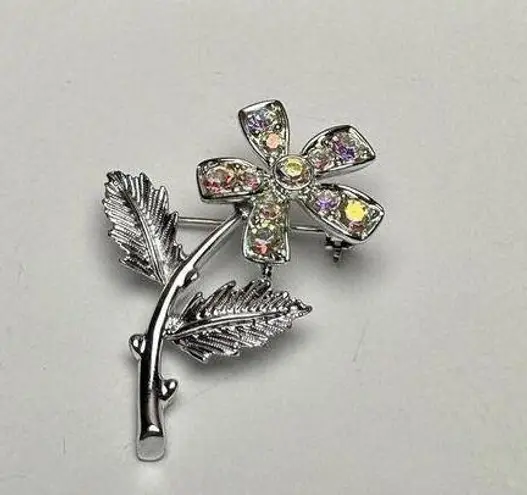 Sarah Coventry Aurora Borealis Rhinestone Flower Brooch Pin Silver Tone AB