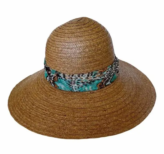 Kathy Jean woven hat with wide brim and multicolor fabric band with bow detail Tan