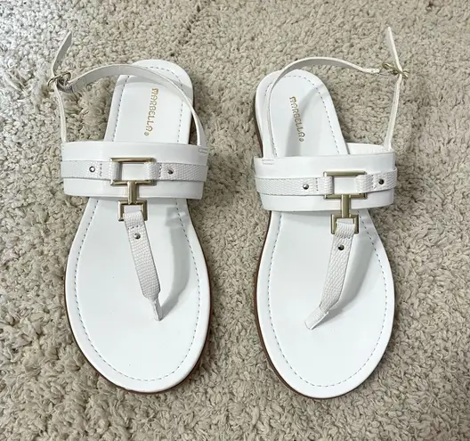 Marbella White T-Strap Sandals with Metallic Detail