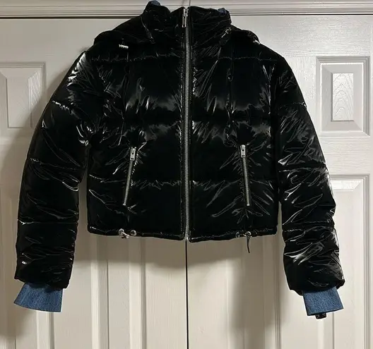 BLUE REVIVAL Women’s Brand New Denim & Black Shiny Puffer Jacket Size M Size M