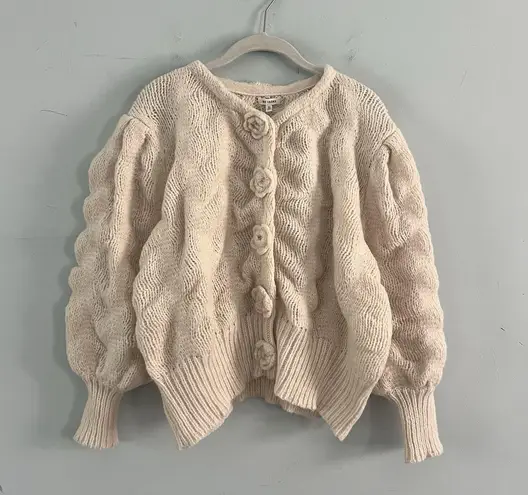En Creme Flower Button Ivory Cardigan Knit Ballon Sleeve Cottagecore Sweater Size M