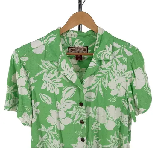 Caribbean Joe  90s Vintage Lime Green Tropical Floral Button Down Top