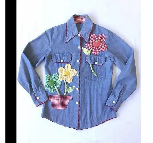 Vintage Size 10 70s Daisy Appliqué Chambray Shirt Embroidered 3D Flowers Button Blue