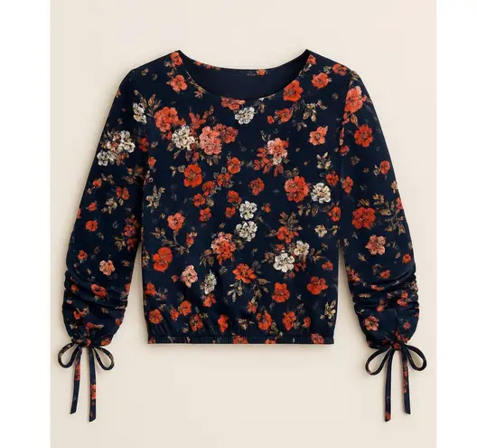 Moa Moa Women’s Floral Blouse Navy Blue Red Long Sleeve Tie Cuffs Size Medium