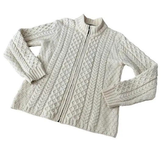 Inis Crafts Irish Cream Wool Zip Cable Knit high neck Cardigan size large