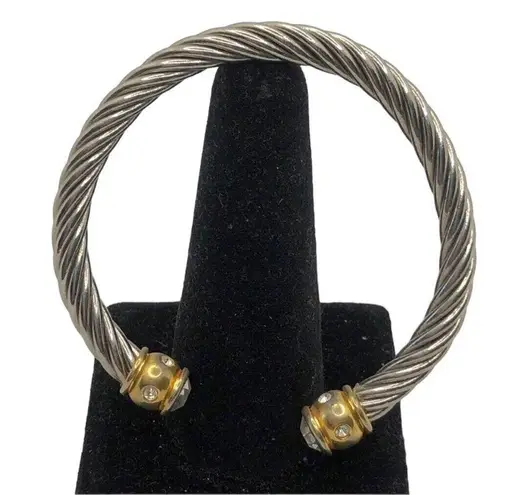 Retro Silver Rope Style Cuff Bracelet with Gold Bar on each end with rhinestones