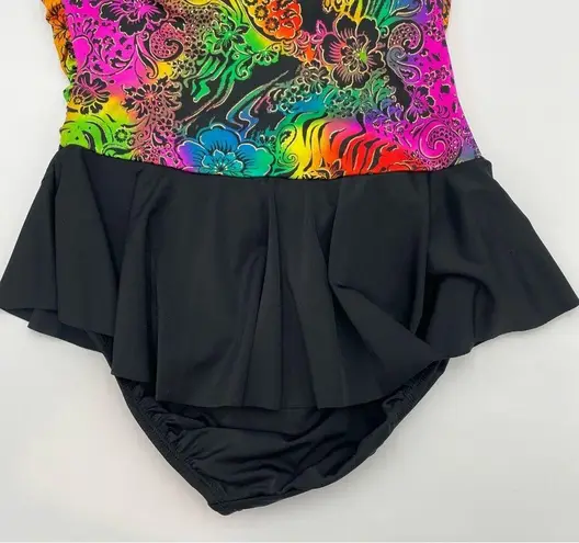 Vintage 80s Swimsuit Strapless Rainbow Lisa Frank Style Floral Black Skirt Women