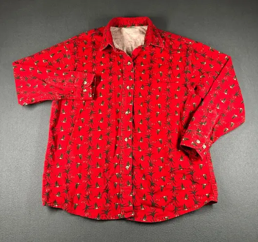Cabela's Vtg Flannel Shirt Womens L Red Goose Floral Print Long Sleeve Button Up