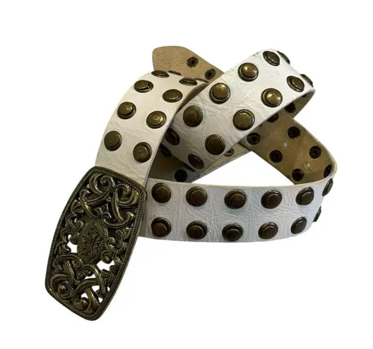 Vintage Studded White Leather Brass Studded Belt Brass
Buckle Rockabilly, Sz M