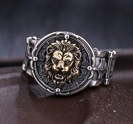 925 Silver Plated Adjustable Lion Head Ring for Men Women,Punk Hip Hop Ring
