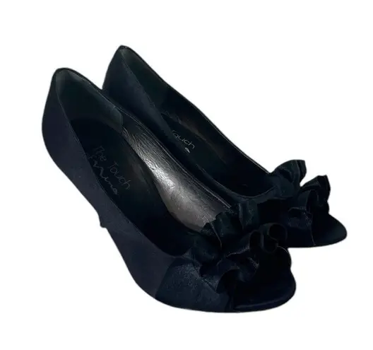 Nina Pump 3 1/2” Heel Black Satin Ruffle Peep Toe Closed Back Women’s Size 7.5M