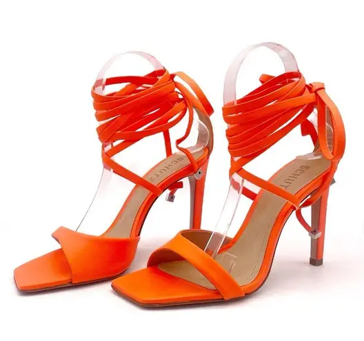 Schutz NEW Bryce Leather Stiletto Sandals Acid Orange Lace-Up Sandals Size 5