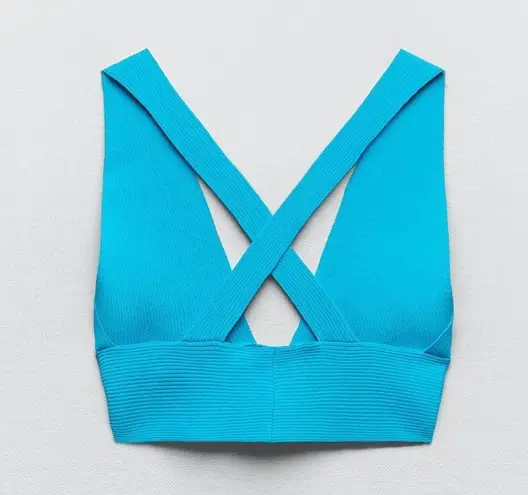 ZARA  RIBBED BRA CROP TOP V-NECK CRISS CROSS BACK BLUE SIZE M NEW