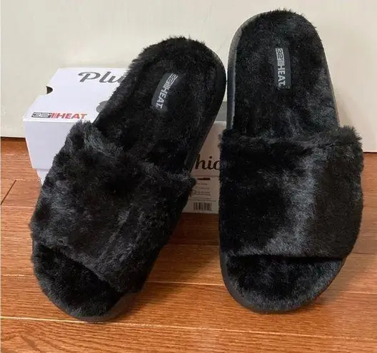 32 Degrees Heat Plush Faux Fur Cushion Slide Slipper, Black, NEW, Size L