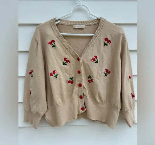 Cream and Red Cherry Print Cropped Cardigan Size undefined