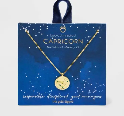 NWT! Beloved + Inspired 14K Gold Dipped 'Capricorn' Disc with Stones Necklace