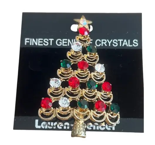 Vintage Lauren Spencer Genuine Crystal Pin Brooch Gold Tone Red Green Clear New