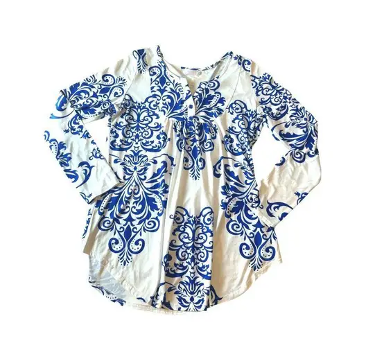 Halife Womens Long Sleeve Blue and White Abstract Patterned Tunic Top M