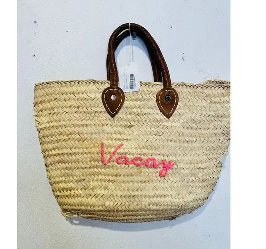 POOLSIDE Woven Straw Open Tote Pink “VACAY” Text Leather Handle Tote Purse