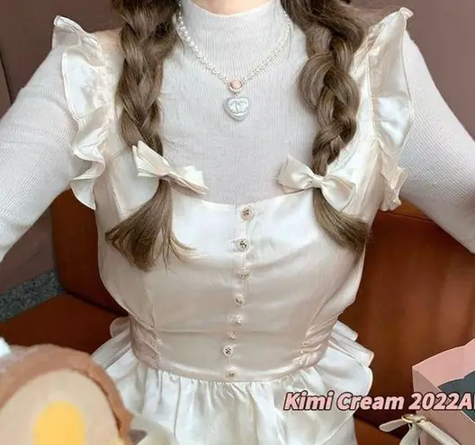 Japanese Kawaii Style Ivory Silky Ruffle Buttoned Pelpum Tank Top Blouse