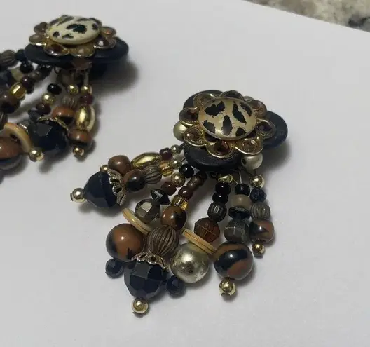 Beaded Clip On Earrings Hand Crafted Animal Print / Brown / Black
