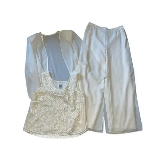 R & M Richards Cream Pantsuit with embroidered tank sheer jacket and pants