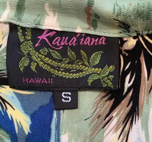 Vintage Kauaiana Top Green Blue Tropical Palm Print Flower Detail Short Sleeve