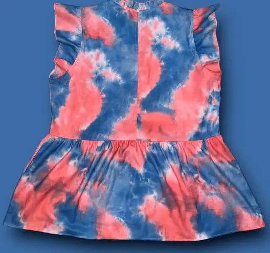 Pink & Blue Tie Dye Ruffle Mock Neck Cap Sleeve Babydoll Top, Size XL, Unbranded