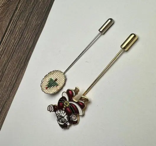 Enamel Santa Claus & Embroidered Christmas Tree Lapel Stick Pin Lot Of 2