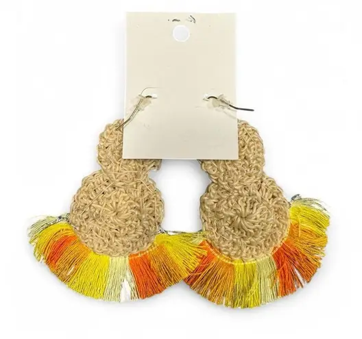 Bohemian Multicolor Beaded Tassel Earrings, Statement Fringe, Orange Yellow Fan