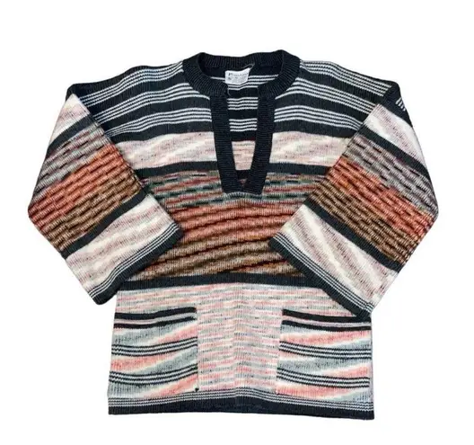 Vintage 70s 80s Kimlon by RBK Acrylic V Neck Sweater Colorful Stripee Abstract S Orange