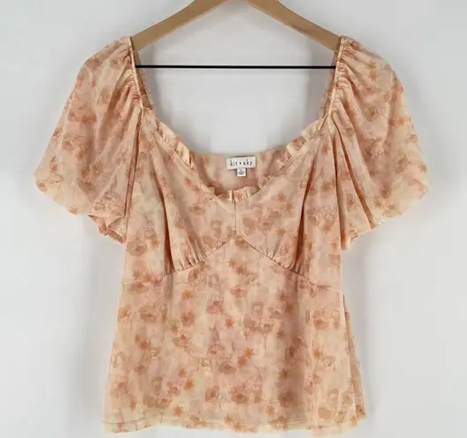 Kit & Sky Lightweight Mesh Floral Print Puff Sleeve Sweat Heart BabyDoll Top Pink Size L