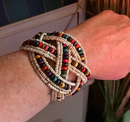 Multi Color Glass Bead & Wooden Beaded Cuff Bracelet