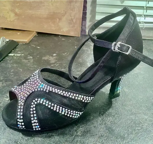 NWOT Womens Ballroom 3" Heels. OpenToe, Black, Suede Soles & Shiny Rhinestones Size 8.5