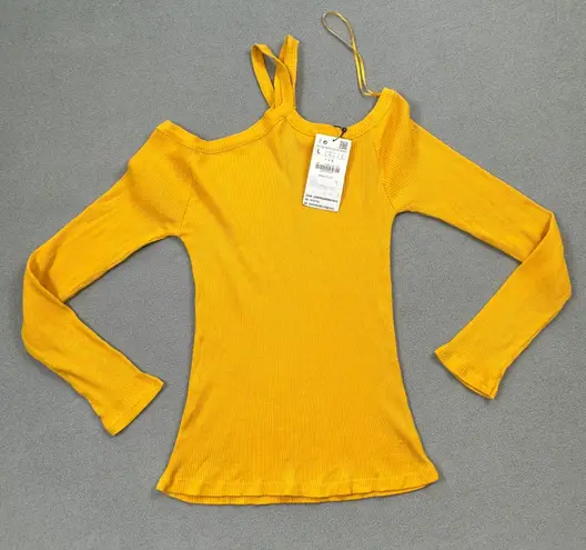 NWT Zara Trafaluc Top Yellow Ribbed Knit Asymmetric One Shoulder Long Sleeve Size L