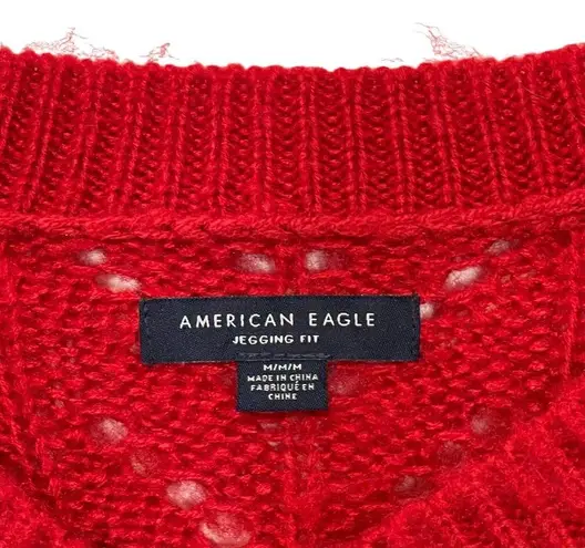 American Eagle  Open Knit Sweater Size Medium Jegging Fit Red V-Neck Womens