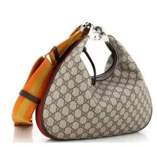 Gucci  GG Supreme Monogram Textured Calfskin Web Large Shoulder Bag Beige Ebony