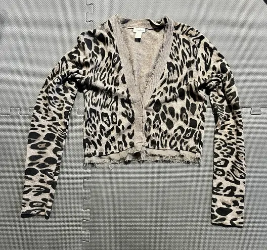 Neiman Marcus Leopard Print Cardigan Sweater Raw Hem Cashmere Angora Blend Med - Image 1
